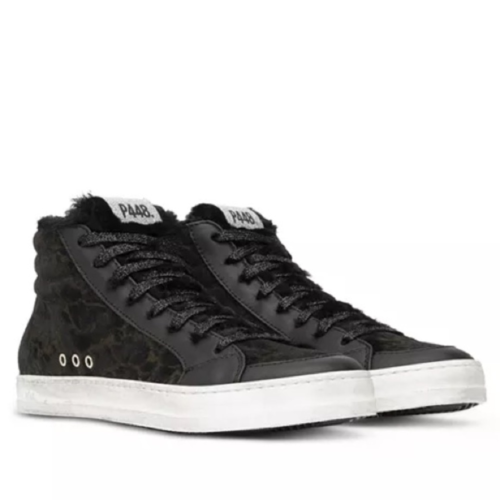 P448 black leopard print suede skater sneaker trimmed black leather faux fur